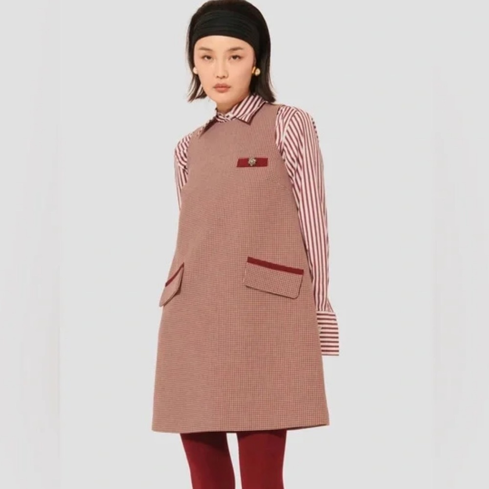 Nwt Tara Jarmon Ravel Burgundy Houndstooth Shift Dress
